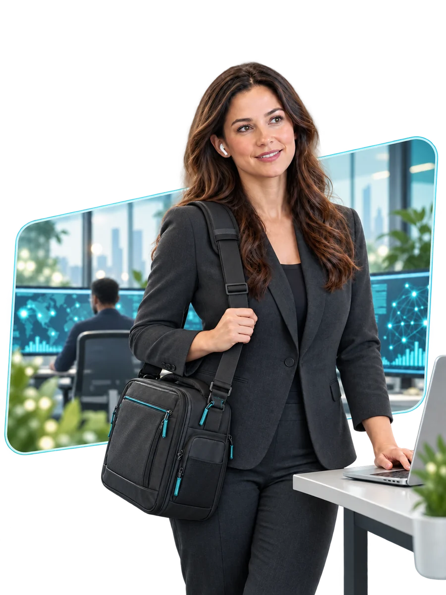 Illustrative image of a technology professional with a wireless earbud and technician bag, extending beyond a technology operations window